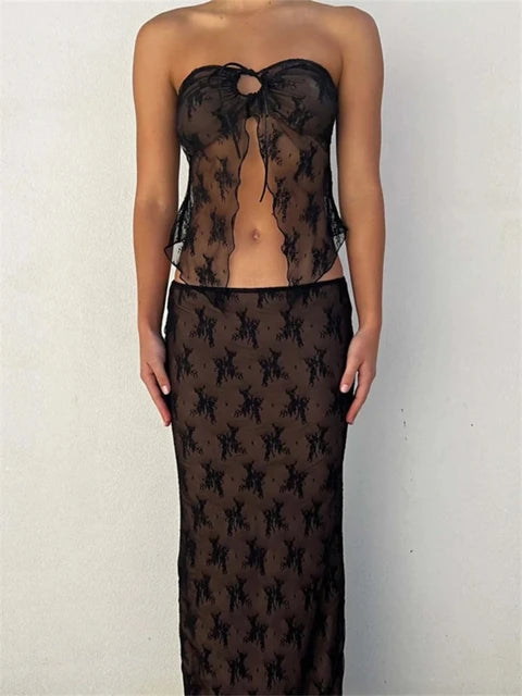 Toss Lace Embroidery Maxi Skirts Summer Casual Low Waist Double-Layer Mesh Slim Y2k Long Skirts For Women 2025 White Skirt Set