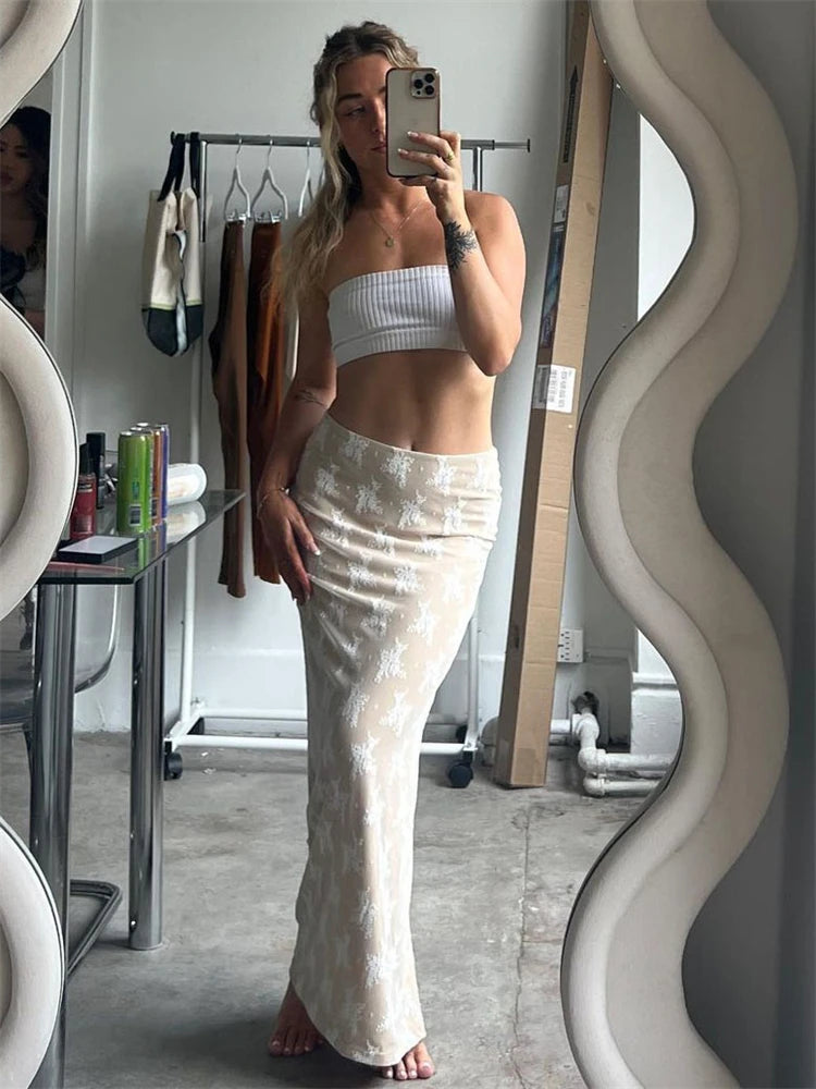 Toss Lace Embroidery Maxi Skirts Summer Casual Low Waist Double-Layer Mesh Slim Y2k Long Skirts For Women 2025 White Skirt Set