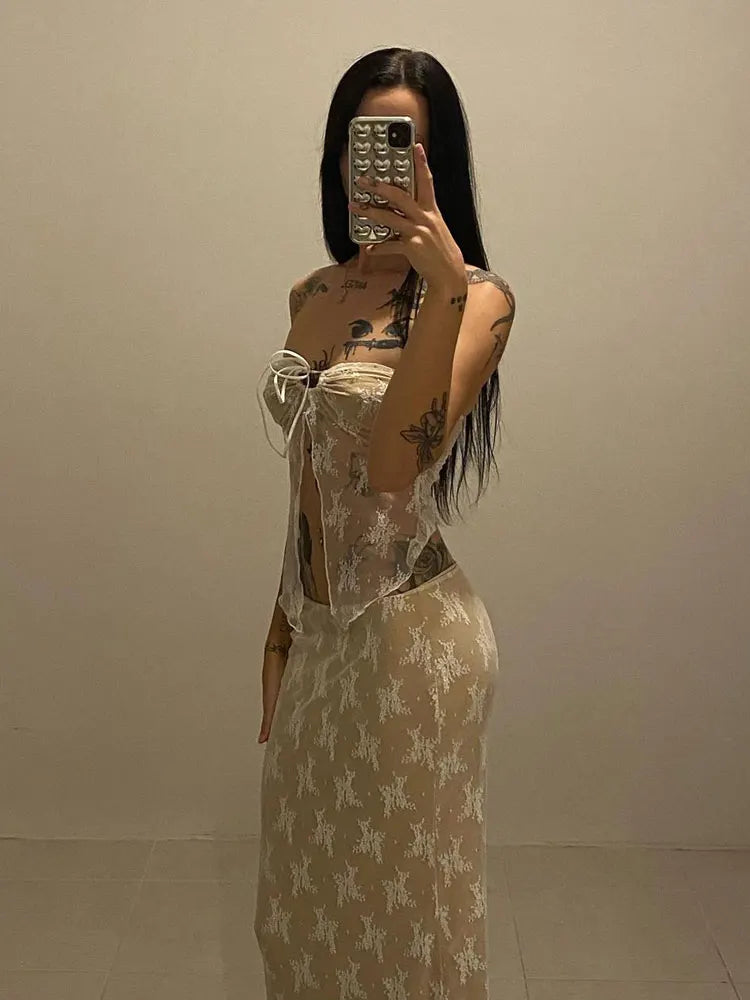 Toss Lace Embroidery Maxi Skirts Summer Casual Low Waist Double-Layer Mesh Slim Y2k Long Skirts For Women 2025 White Skirt Set