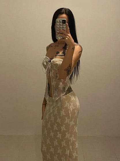 Toss Lace Embroidery Maxi Skirts Summer Casual Low Waist Double-Layer Mesh Slim Y2k Long Skirts For Women 2025 White Skirt Set