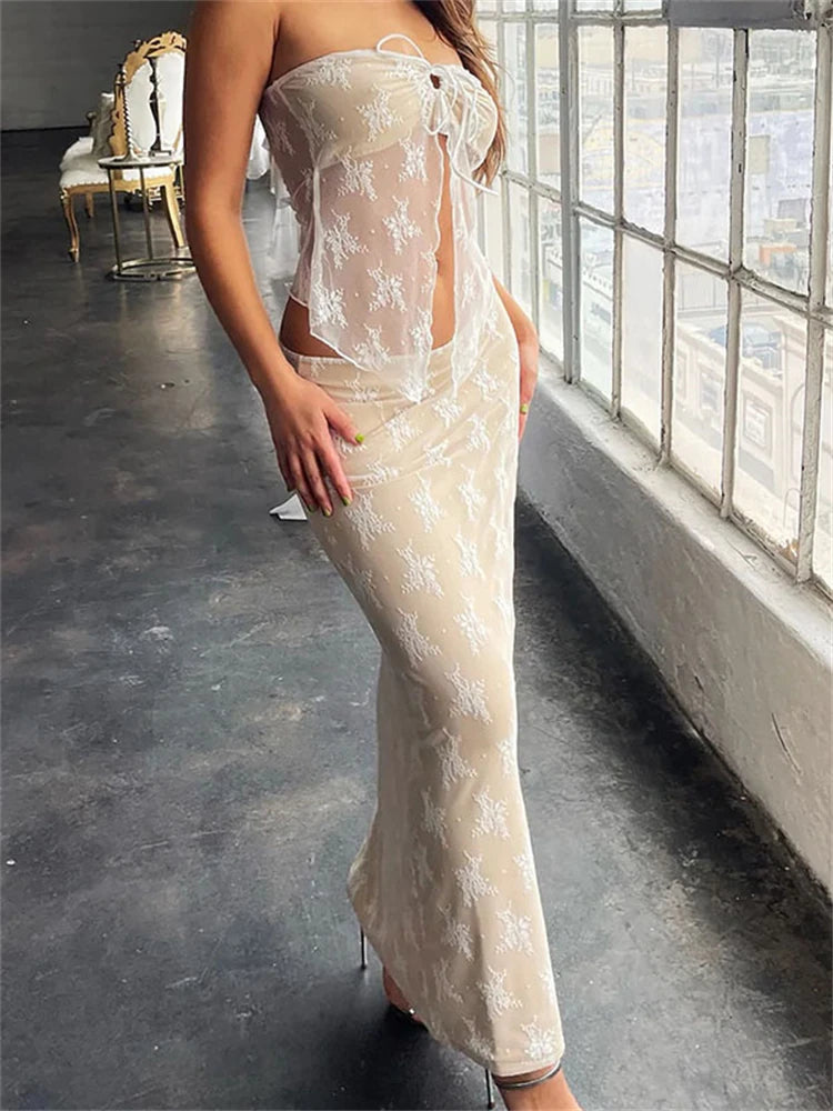 Toss Lace Embroidery Maxi Skirts Summer Casual Low Waist Double-Layer Mesh Slim Y2k Long Skirts For Women 2025 White Skirt Set
