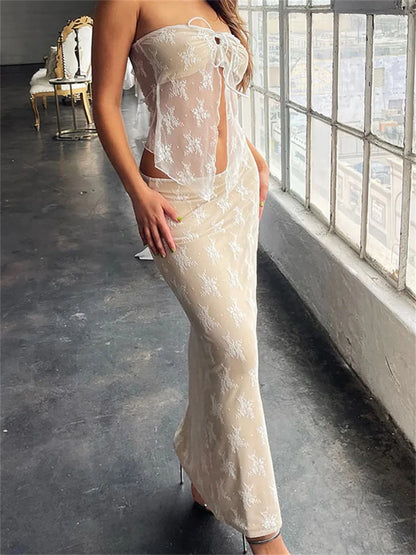 Toss Lace Embroidery Maxi Skirts Summer Casual Low Waist Double-Layer Mesh Slim Y2k Long Skirts For Women 2025 White Skirt Set