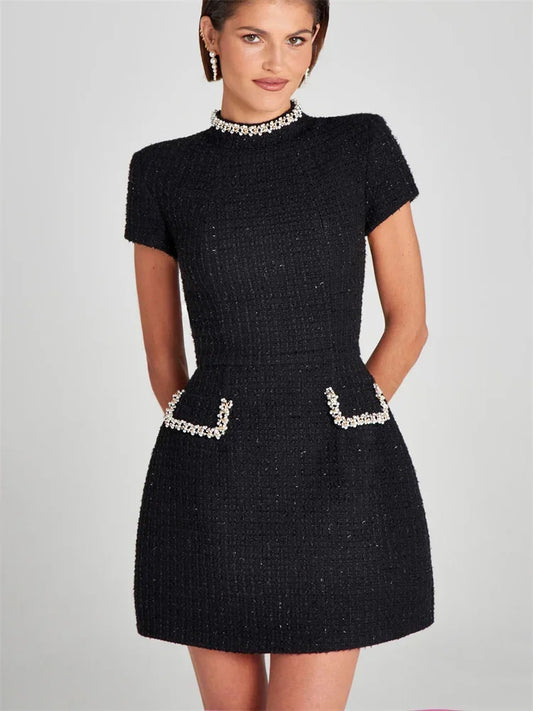 Vestido mini elegante y brillante de Tosssy para mujer, con bolsillos, manga corta, patchwork, a la moda, ajustado, para fiesta, vestido vintage con brillo para mujer