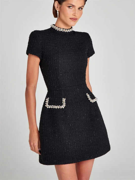 Vestido mini elegante y brillante de Tosssy para mujer, con bolsillos, manga corta, patchwork, a la moda, ajustado, para fiesta, vestido vintage con brillo para mujer