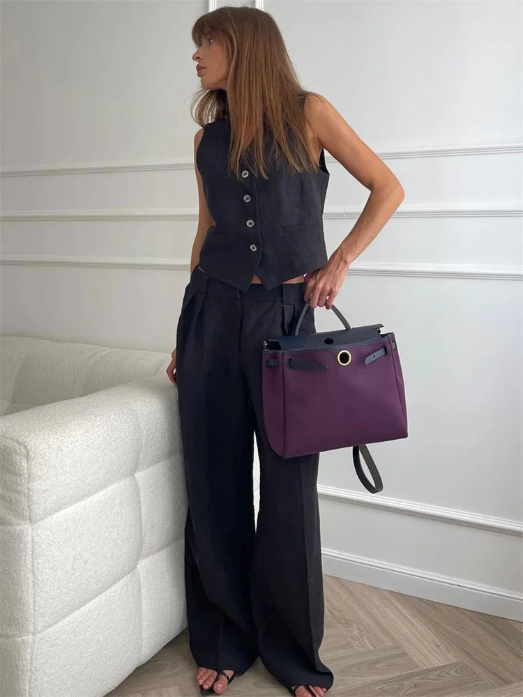 2 Piece-Set Fashion Women Wide Leg Trousers Patchwork High Waist Casual Straight Legg Outfits Vestidos Women’s Pants Sets