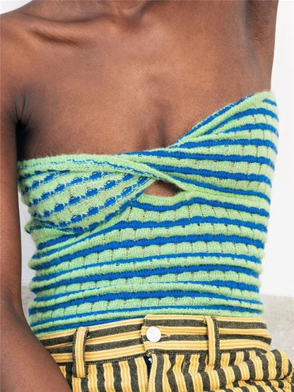 2025 Off Shoulder Knit Tube Top Sexy Strapless Backless Bustier Tops For Women Stripe Cropped Top Hot Summer Streetwear