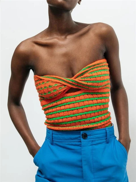 2025 Off Shoulder Knit Tube Top Sexy Strapless Backless Bustier Tops For Women Stripe Cropped Top Hot Summer Streetwear