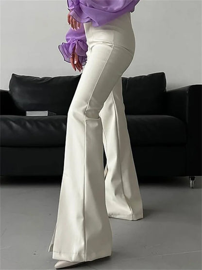 2025 New PU Leather Spilt Out Flared Pants Casual White Slim High Waist Trousers Wide Leg Pants For Women Spring