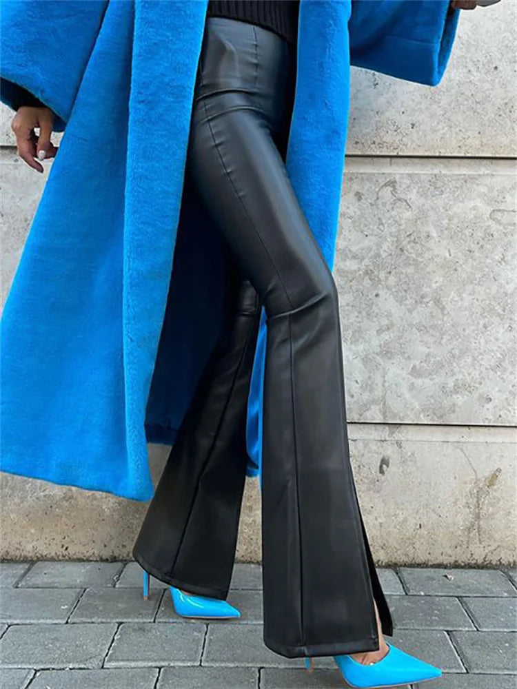 2025 New PU Leather Spilt Out Flared Pants Casual White Slim High Waist Trousers Wide Leg Pants For Women Spring
