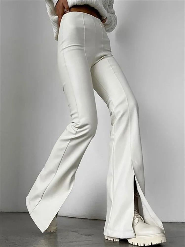 2025 New PU Leather Spilt Out Flared Pants Casual White Slim High Waist Trousers Wide Leg Pants For Women Spring