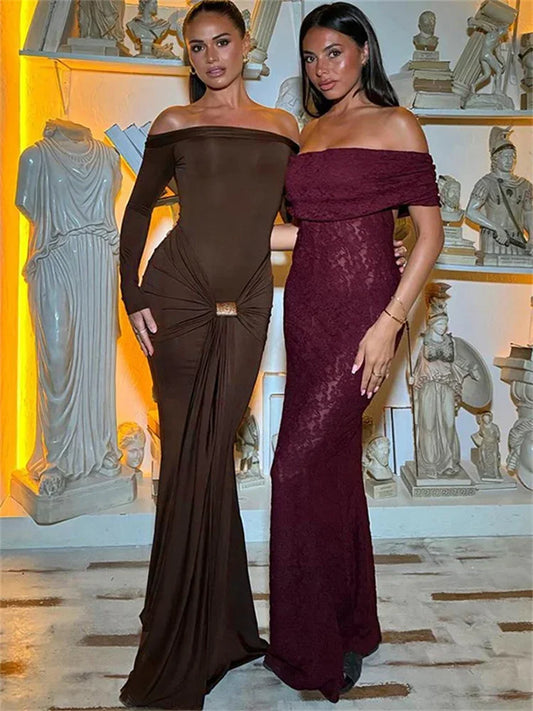 Vestido largo de otoño sin espalda, de cintura alta, ajustado, plisado, con retazos, liso, con hombros descubiertos, para fiesta, ajustado para mujer