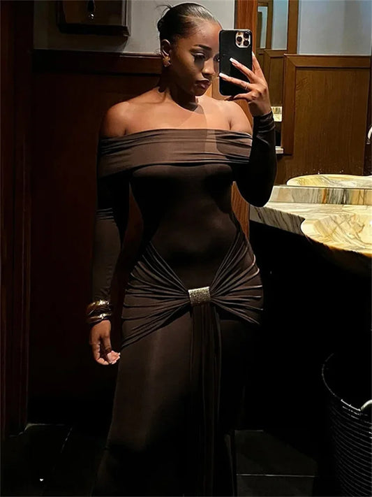 Vestido largo de otoño sin espalda, de cintura alta, ajustado, plisado, con retazos, liso, con hombros descubiertos, para fiesta, ajustado para mujer