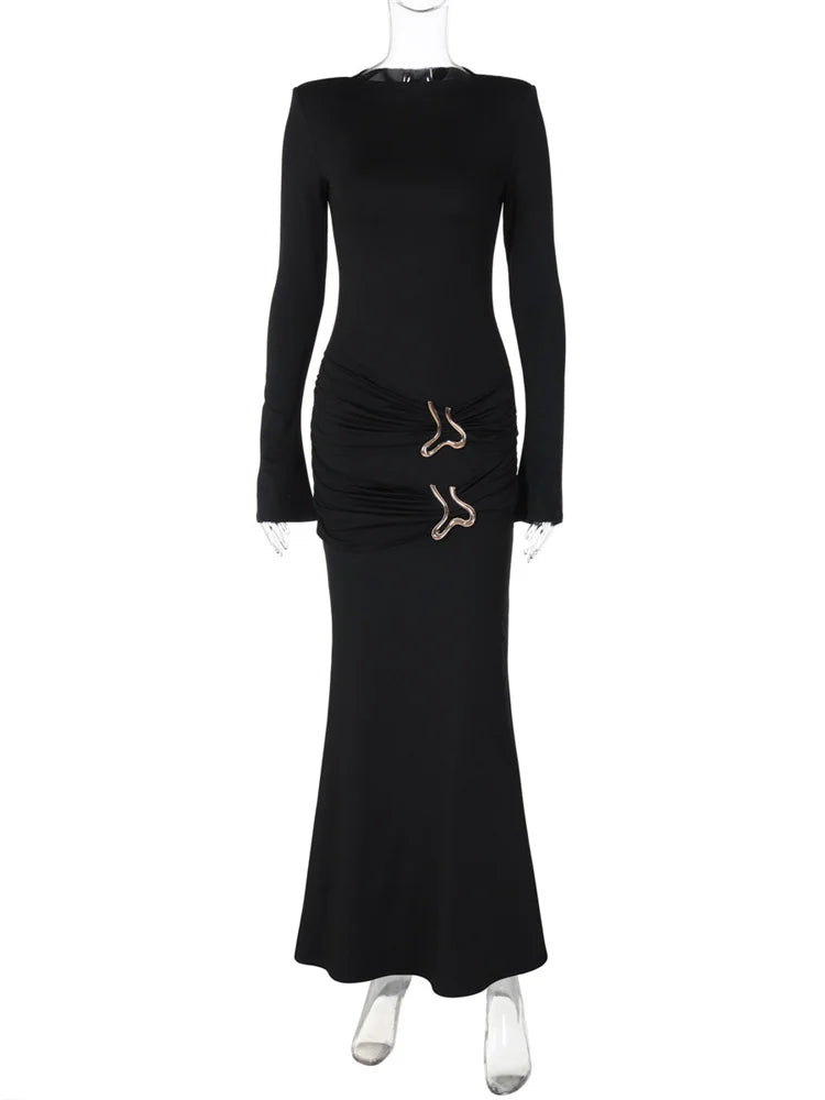 Vestido largo negro de moda de otoño para mujer, plisado, ajustado, de cintura alta, manga larga, elegante, sexy, para fiesta, Y2K