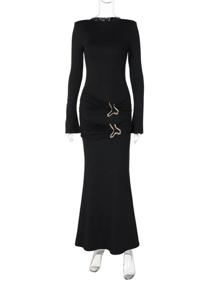 Vestido largo negro de moda de otoño para mujer, plisado, ajustado, de cintura alta, manga larga, elegante, sexy, para fiesta, Y2K