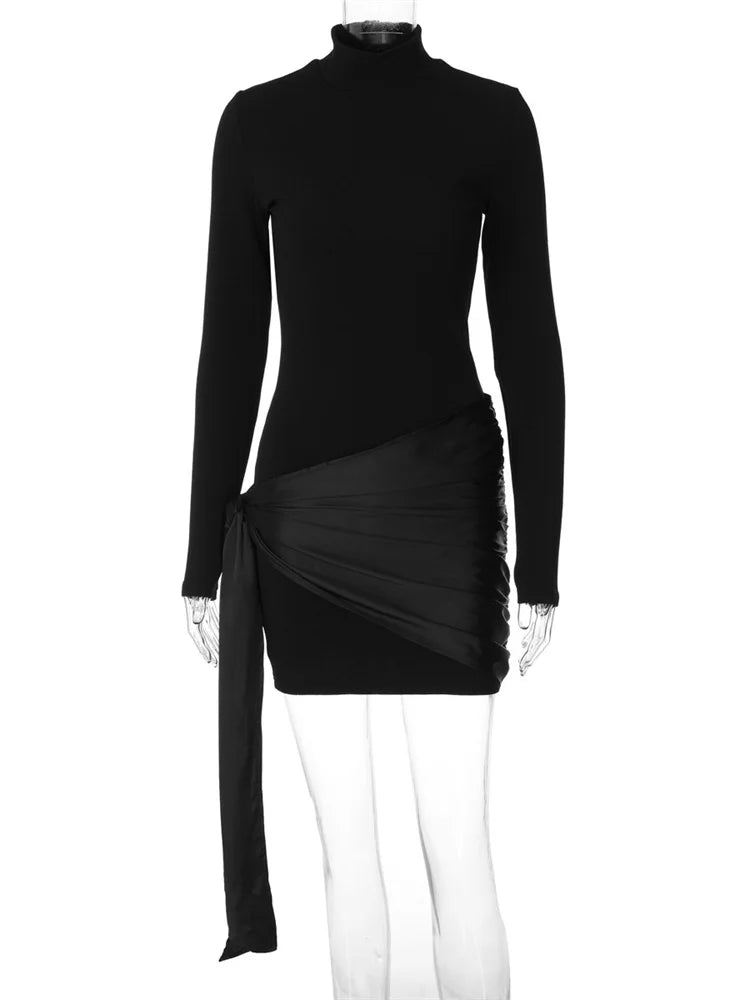 Vestido mini negro de moda de otoño para mujer, con cordones, ajustado, de retazos, de cintura alta, manga larga, sexy, liso, vestido de vendaje para mujer