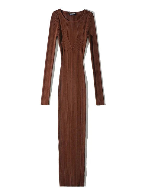 Autumn Fashion Slim Long Dress Female Knitwear Slim High Waist Patchwork Long Sleeve Elegant Party Dress Ladies Knit Dress