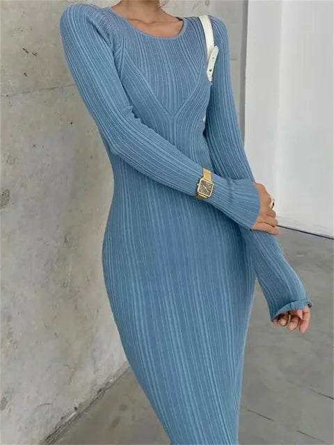 Autumn Fashion Slim Long Dress Female Knitwear Slim High Waist Patchwork Long Sleeve Elegant Party Dress Ladies Knit Dress