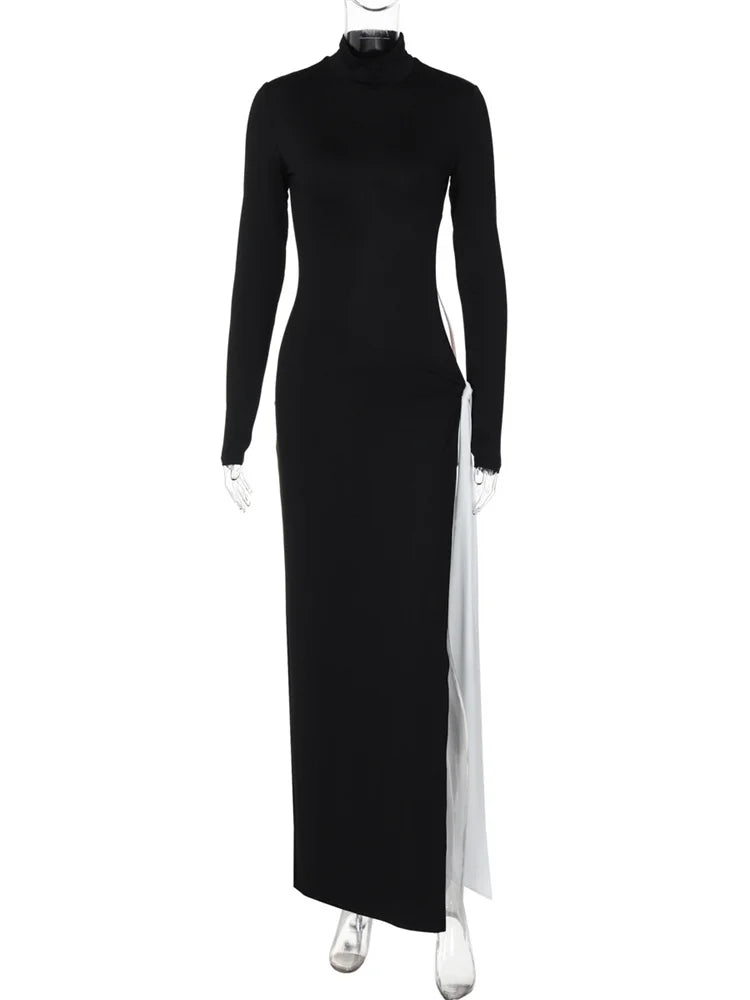 Vestido largo de otoño con contraste y aberturas para mujer, ajustado, de manga larga, plisado, sexy, de moda, de cintura alta