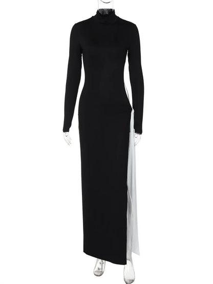 Vestido largo de otoño con contraste y aberturas para mujer, ajustado, de manga larga, plisado, sexy, de moda, de cintura alta