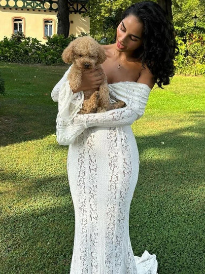 Autumn Lace Off-Shoulder Long Dress For Women See-Through Printed Lace-Up High Waist Luxury Female Elegant Party Dress New