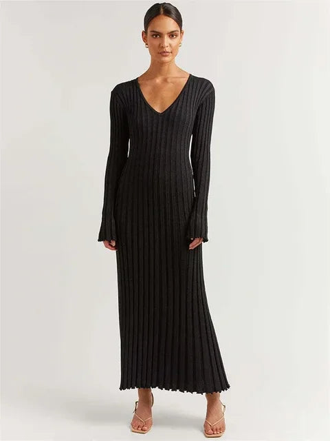 Vestido largo de punto con escote en V para mujer, elegante, acanalado, de manga larga, estilo urbano, de cintura alta, plisado, para otoño