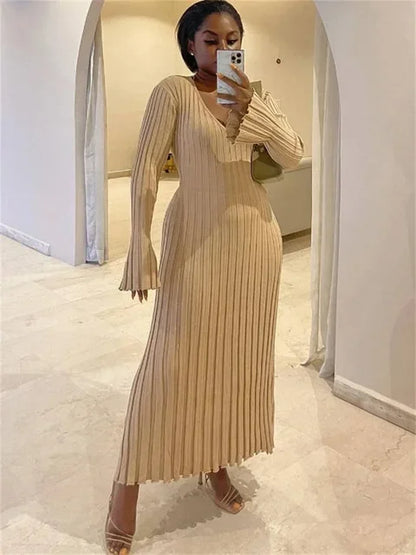 Vestido largo de punto con escote en V para mujer, elegante, acanalado, de manga larga, estilo urbano, de cintura alta, plisado, para otoño