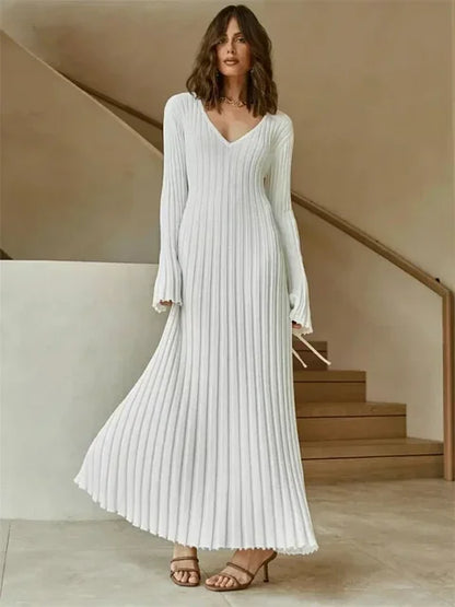 Vestido largo de punto con escote en V para mujer, elegante, acanalado, de manga larga, estilo urbano, de cintura alta, plisado, para otoño