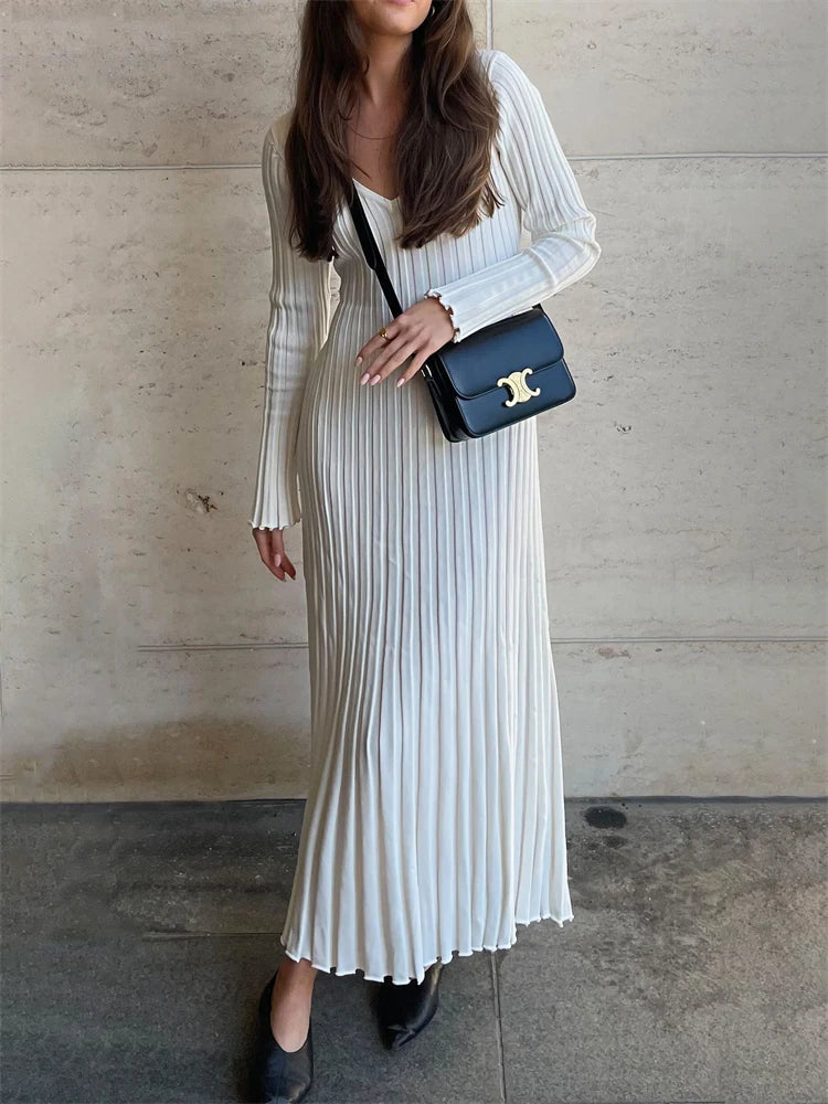 Vestido largo de punto con escote en V para mujer, elegante, acanalado, de manga larga, estilo urbano, de cintura alta, plisado, para otoño