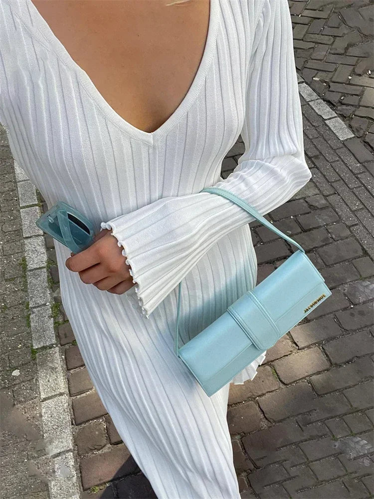 Vestido largo de punto con escote en V para mujer, elegante, acanalado, de manga larga, estilo urbano, de cintura alta, plisado, para otoño