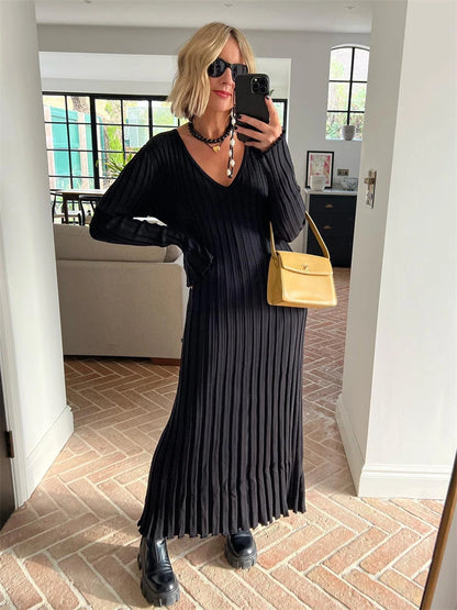 Vestido largo de punto con escote en V para mujer, elegante, acanalado, de manga larga, estilo urbano, de cintura alta, plisado, para otoño
