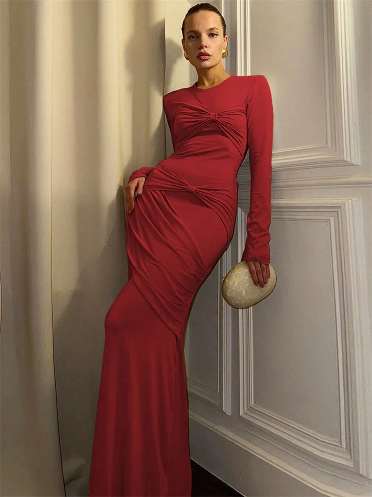 Vestido largo plisado de otoño para mujer, vestido de fiesta ajustado de cintura alta y liso, vestido maxi ajustado para mujer