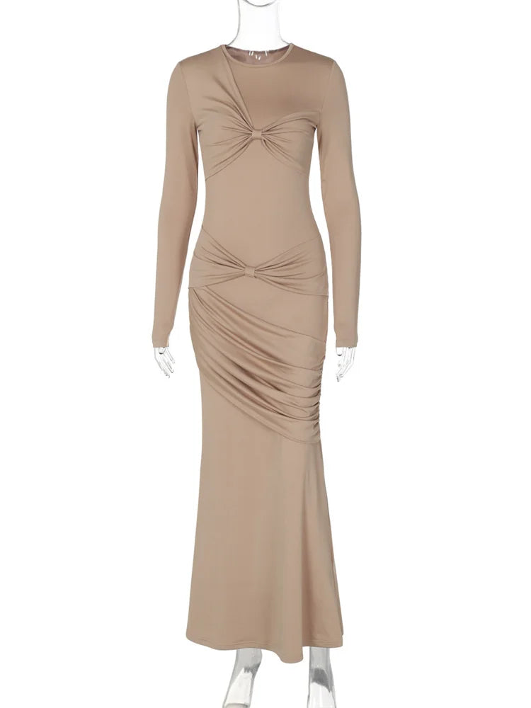 Vestido largo plisado de otoño para mujer, vestido de fiesta ajustado de cintura alta y liso, vestido maxi ajustado para mujer