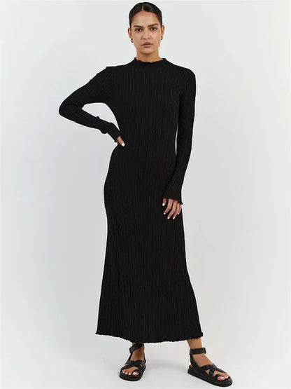 Vestido largo de punto con volantes de otoño para mujer, vestido largo holgado de manga larga con canalé y cintura alta, vestido de calle de punto liso para mujer
