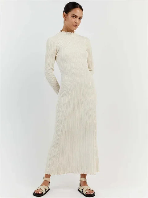 Vestido largo de punto con volantes de otoño para mujer, vestido largo holgado de manga larga con canalé y cintura alta, vestido de calle de punto liso para mujer