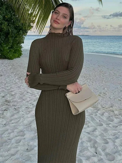 Vestido largo de punto con volantes de otoño para mujer, vestido largo holgado de manga larga con canalé y cintura alta, vestido de calle de punto liso para mujer