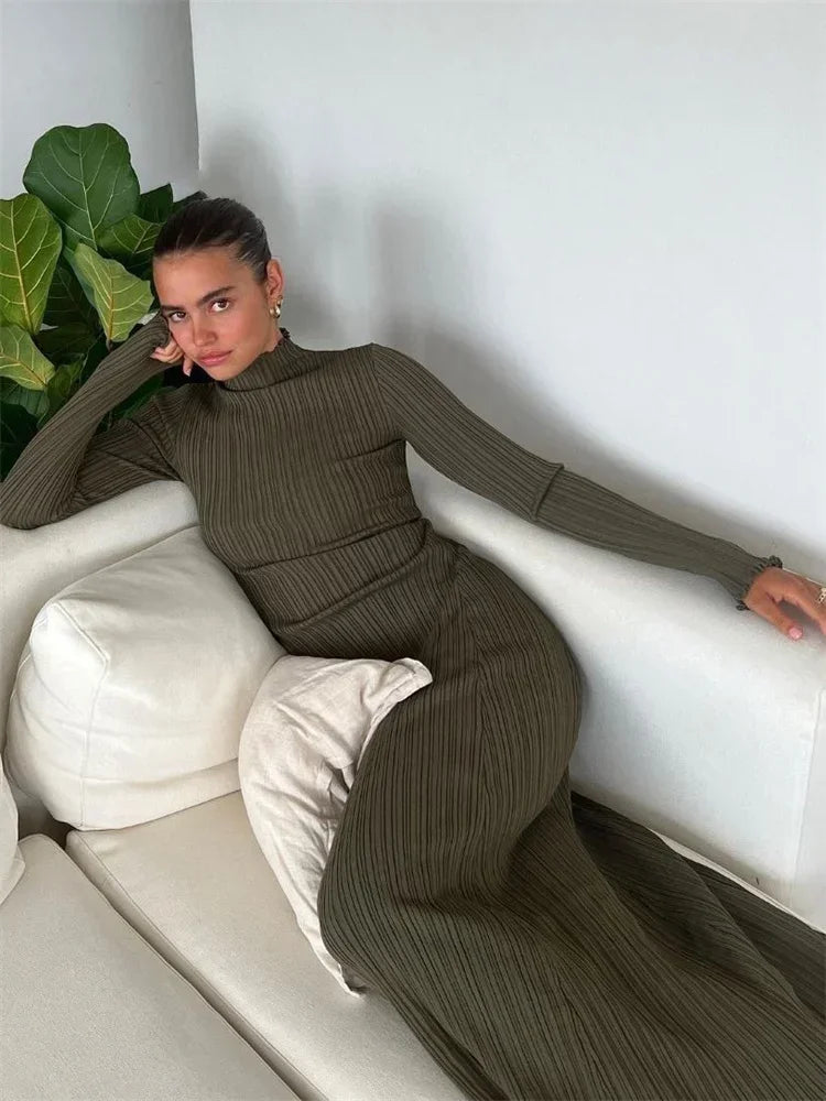 Vestido largo de punto con volantes de otoño para mujer, vestido largo holgado de manga larga con canalé y cintura alta, vestido de calle de punto liso para mujer