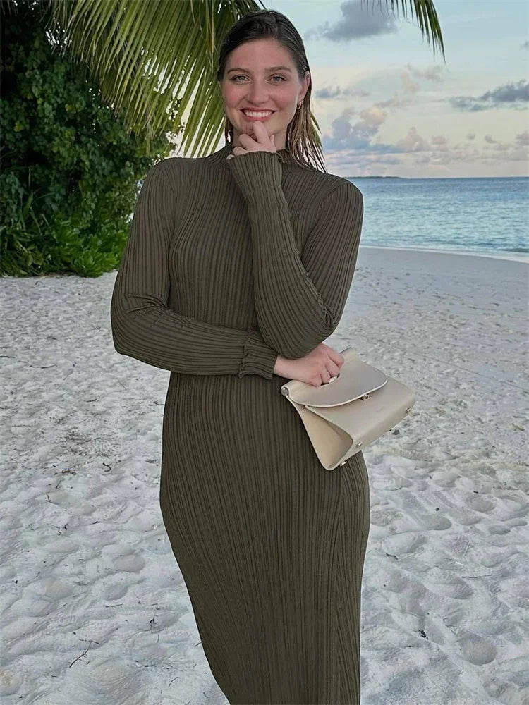 Vestido largo de punto con volantes de otoño para mujer, vestido largo holgado de manga larga con canalé y cintura alta, vestido de calle de punto liso para mujer