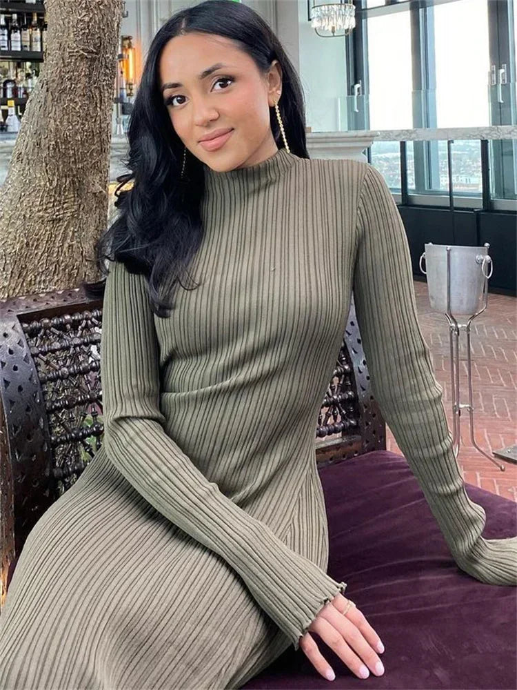Vestido largo de punto con volantes de otoño para mujer, vestido largo holgado de manga larga con canalé y cintura alta, vestido de calle de punto liso para mujer