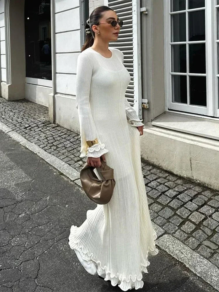 Vestido largo blanco con volantes de otoño para mujer, sin espalda, con cordones, ajustado, acanalado, de manga larga, de retazos, de punto, vestido largo para mujer