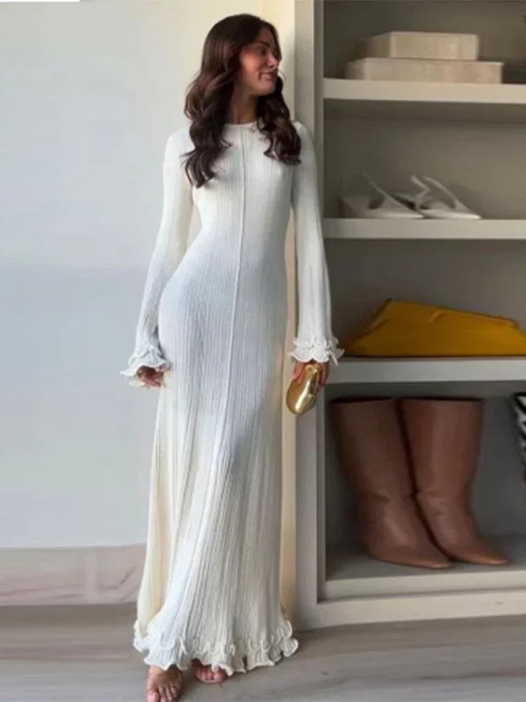 Vestido largo blanco con volantes de otoño para mujer, sin espalda, con cordones, ajustado, acanalado, de manga larga, de retazos, de punto, vestido largo para mujer