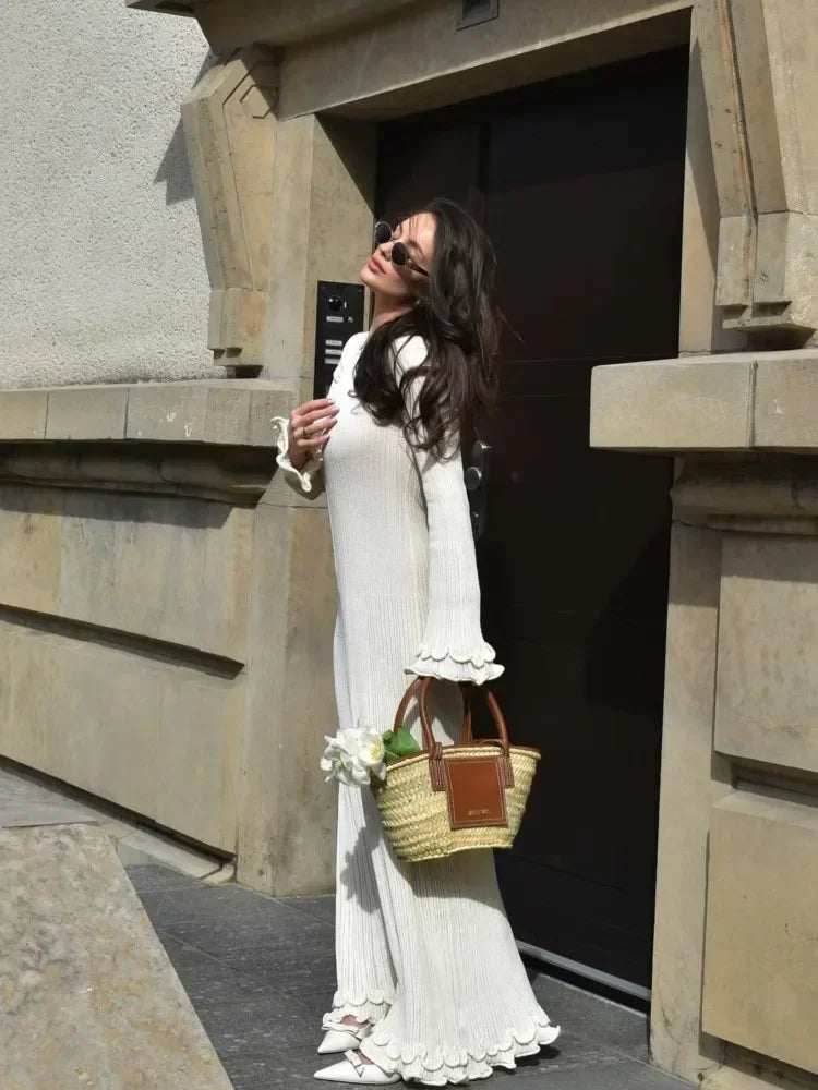 Vestido largo blanco con volantes de otoño para mujer, sin espalda, con cordones, ajustado, acanalado, de manga larga, de retazos, de punto, vestido largo para mujer