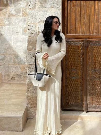Vestido largo blanco con volantes de otoño para mujer, sin espalda, con cordones, ajustado, acanalado, de manga larga, de retazos, de punto, vestido largo para mujer