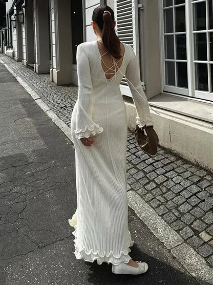 Vestido largo blanco con volantes de otoño para mujer, sin espalda, con cordones, ajustado, acanalado, de manga larga, de retazos, de punto, vestido largo para mujer