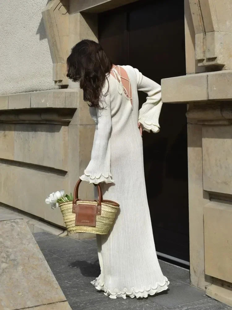 Vestido largo blanco con volantes de otoño para mujer, sin espalda, con cordones, ajustado, acanalado, de manga larga, de retazos, de punto, vestido largo para mujer