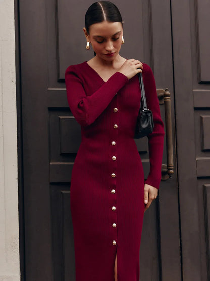 Autumn V-Neck Knit Long Dress For Women Ribbed Patchwork Cardigan Slim Elegant Party Dress Female Knitwear Maxi Dress