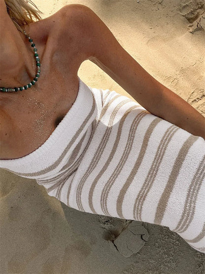 Vestido largo informal ajustado con espalda descubierta y contraste para mujer, para vacaciones, playa, a rayas, cintura alta, hombros descubiertos
