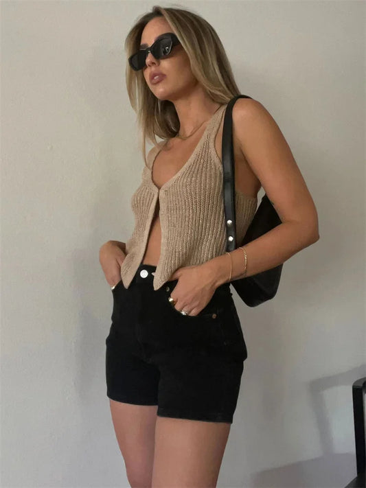 Cárdigan ajustado de punto sin espalda Y2k para mujer, top sexy sin mangas de punto, top sin mangas con parches, cárdigan informal para mujer