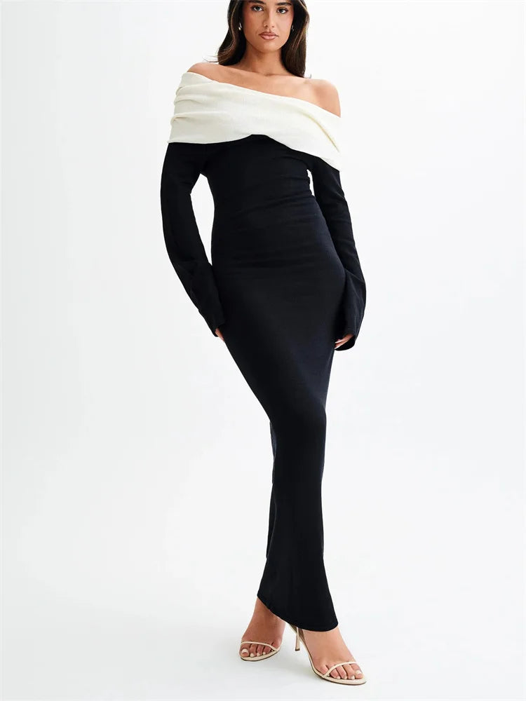 Vestido largo de punto sin espalda para mujer, elegante y ajustado, con contraste, para fiesta de otoño, de punto con retazos