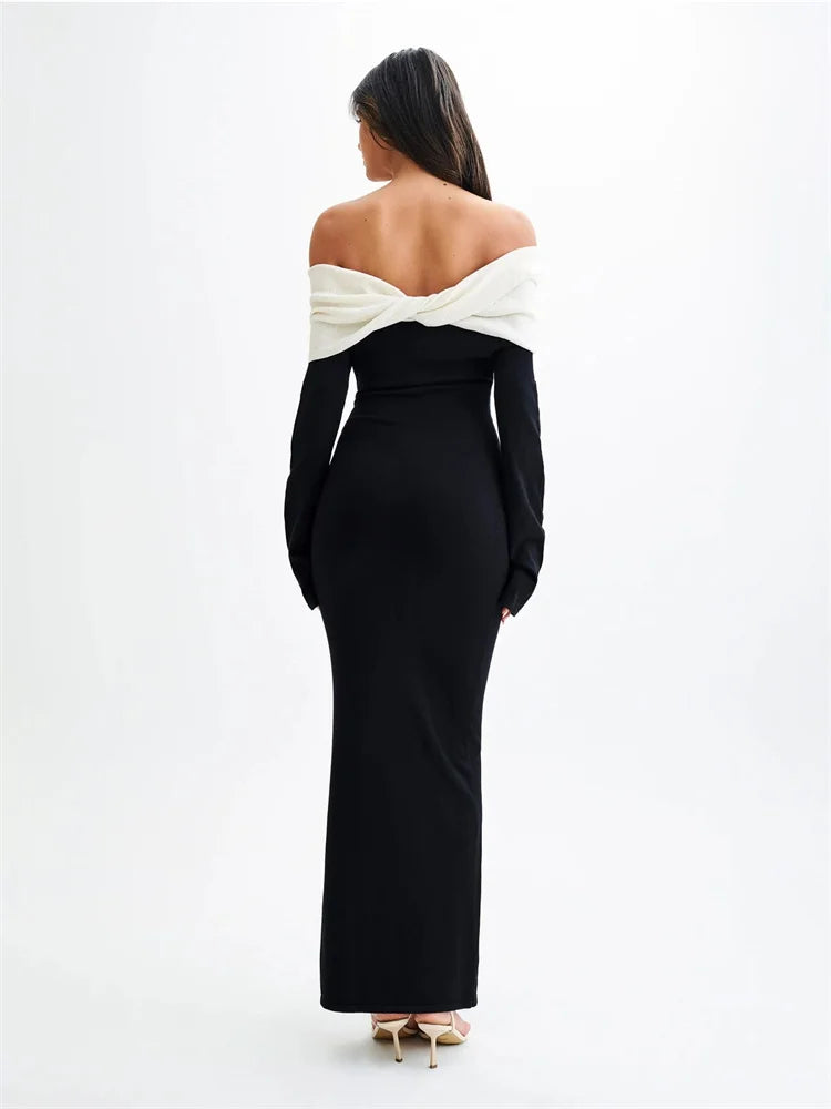 Vestido largo de punto sin espalda para mujer, elegante y ajustado, con contraste, para fiesta de otoño, de punto con retazos