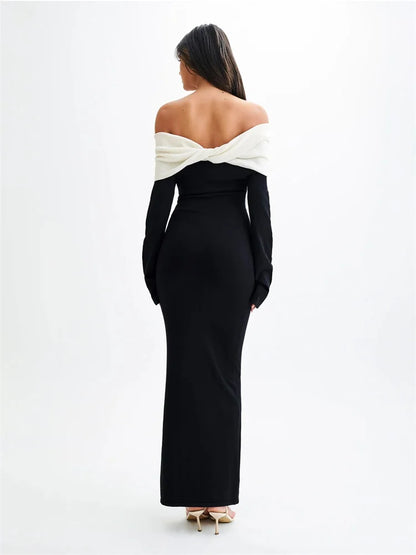 Vestido largo de punto sin espalda para mujer, elegante y ajustado, con contraste, para fiesta de otoño, de punto con retazos